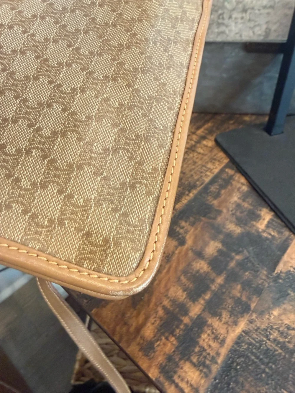 Celine Authentic Tan Macadam Crossbody Shoulder Bag w/Tan leather accent - Picture 13 of 15